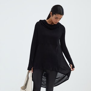 Black Draped Oversized Tunic, Asymmetrical Hem Hoodie, Comfy Cowl Neck Top, Hooded Pullover, Sheer Jersey Top, Oslo Tunic, Marcella MB1847 Black 01-B