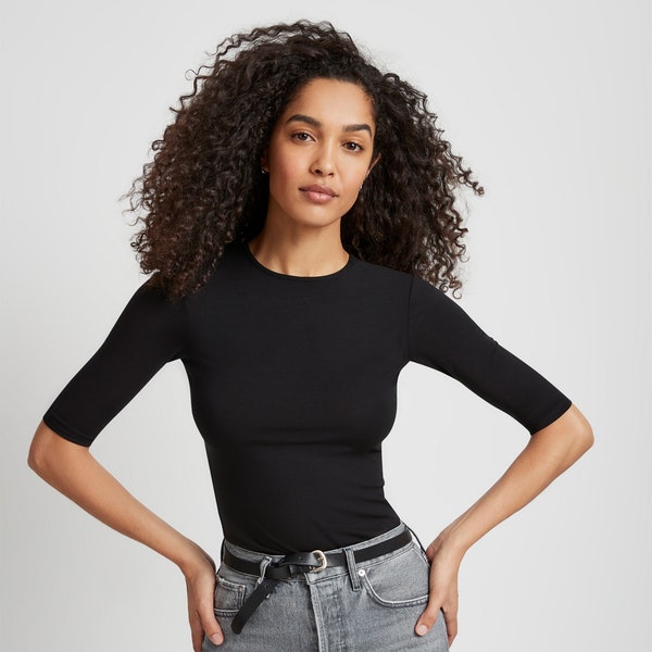 Crew Neck Tee, Classic Fitted T Shirt, Black Short Sleeve Top, Half Sleeve Tee, Stretchy Fitted Top, Frankie Top, Marcella - MB1810