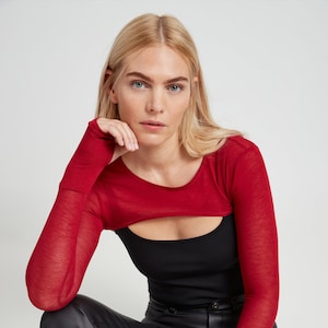 Cropped Red Bolero, Crewneck Bolero, Long Sleeve Cropped Shrug, Cocktail Cover Up, Crop Top, Sheer Selma Bolero, Marcella - MB1604