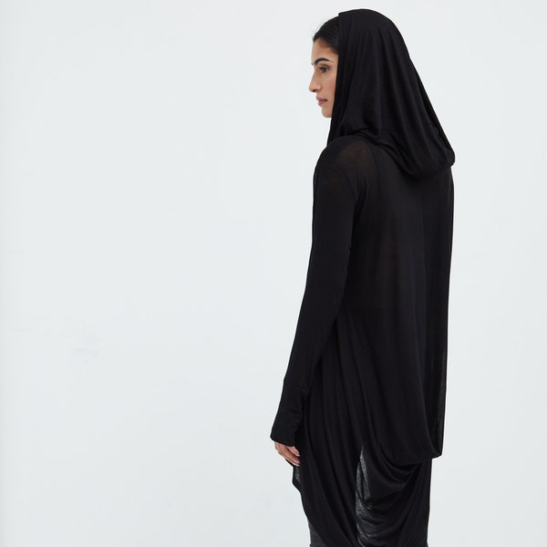 Black Draped Oversized Tunic, Asymmetrical Hem Hoodie, Comfy Cowl Neck Top, Hooded Pullover, Sheer Jersey Top, Oslo Tunic, Marcella - MB1847