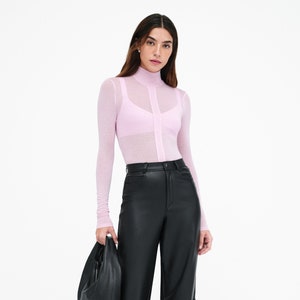 NEW Light Pink Sheer Fitted Turtleneck Top, Long Sleeves, Fitted Long Sleeve Tee, Vertical Panel Top, Amsterdam Top, Marcella MB2252 Pink 167-B
