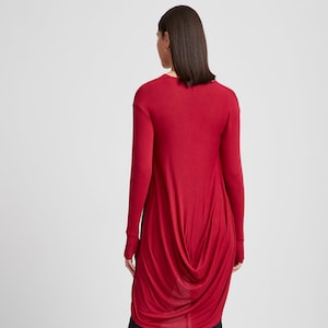 Red Long Draped Back Tunic, Casual Asymmetric Long Top, Cowl Neck Tunic, Sheer Tunic, Off-Shoulder Tunic, Yorkville Tunic, Marcella MB2020 Red 20-B