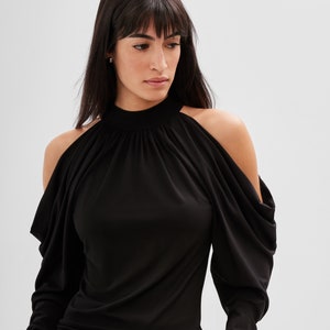 Black Cold Shoulder Blouse, Black Cutout Top, Long Sleeve Top, Fitted Top, Puff Sleeve Top, Perry Cold Shoulder Top, Marcella MB1962 image 1