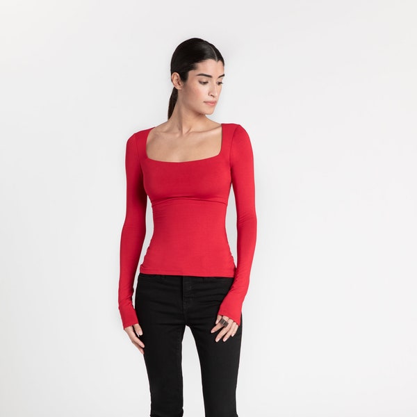 Red Square Neck Blouse, Women's Elegant Fitted Top, Extra Long Sleeve Fitted Top, Long Sleeve Cocktail Top, Yvonne Blouse, Marcella - MB0361