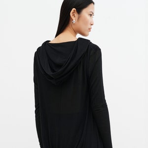 Black Draped Oversized Tunic, Asymmetrical Hem Hoodie, Comfy Cowl Neck Top, Hooded Pullover, Sheer Jersey Top, Oslo Tunic, Marcella - MB1847