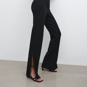 Black Split Hem Trousers, Black Pants, High Waist Trouser, Dressy Pants, Flared Pants, Side Slit Pant, Pearson Pants, Marcella - MP2028