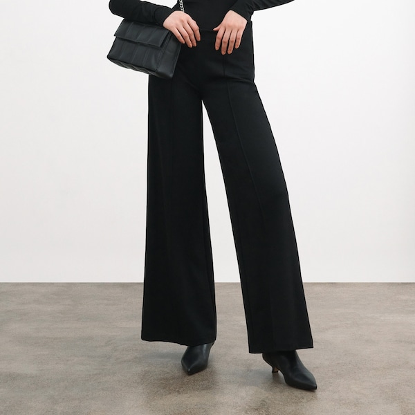 Pantalon large noir, pantalon décontracté élégant avec stretch, pantalon élégant, pantalon évasé, pantalon élégant, pantalon Gina, Marcella - MP2136