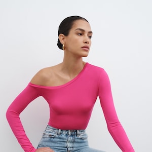 Hot Pink One Shoulder Top, Fitted Top, Stretchy Long Sleeve Top, Fitted Long Sleeve Tee, Cold Shoulder Top, Murray Top, Marcella - MB2036