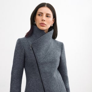 Grey Wool Jacket, Wool Coat, High Collar Jacket, Winter Coat, Wool Jacket, Asymmetric Zip Up Coat, Essex Coat, Marcella MC2117 Medium Grey 11-R