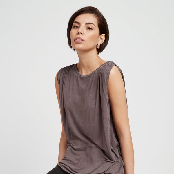 Sleeveless Top, Scoop Neck Top, Gathered Shoulder Blouse, Relaxed Fit Top, Muscle Tee, Greenwich Village Top, Marcella - MB1682