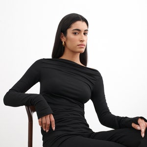 Black Fitted Long Sleeve Top, Women's Shirt, Stretchy Fitted Top, Boatneck Blouse, Off Shoulder Top, Cooper Top, Marcella -  MB2140