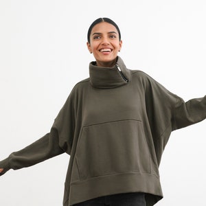 Olive Oversized Sweatshirt, Oversized Sweatshirt Top, Pullover, High-Low Asymmetric Sweatshirt, Boerum Sweatshirt, Marcella - MB2099
