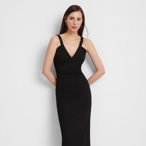 Black Plunge Dress, Sleeveless V-Neck Dress, Cocktail Midi Dress, Minimalist Party Dress, Strappy Dress, Morena Dress, Marcella - MD1956