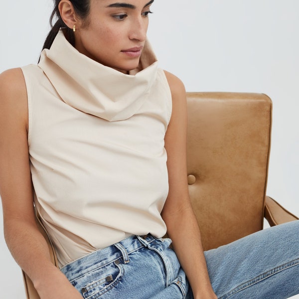 Sleeveless High Neck Blouse, Turtleneck Tank, Summer Blouse, Cotton Top with Cowl Neck, Marcy Sleeveless Top, Marcella - MB1818