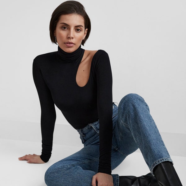 Cutout Top, Black Sexy Top, Women's Clothing, Casual Long Sleeve Top, Black Long Sleeve Blouse, Turtleneck Blouse, Allegra Top, MB0863