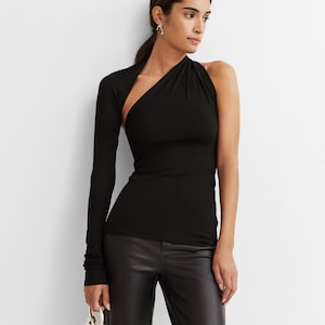 One Shoulder Top, Asymmetrical One Sleeve Top, Open Back Wrap Top, One Shoulder Blouse, Manhattan One Shoulder Top, Marcella - MB0001