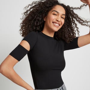 Cut Out Sleeve Top, Fitted Tee, Crew Neck Blouse, Short Sleeve Fitted Top, Slit Sleeve Top, Cocktail Blouse, Esme Blouse, Marcella - MB1443