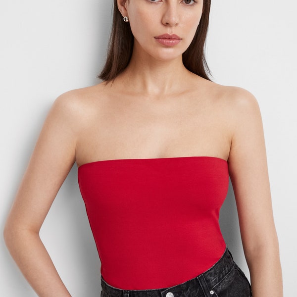 Red Strapless Top, Fitted Tube Top, Evening Strapless Top, Party Top, Cocktail Blouse, Gavin Strapless Top, Marcella - MB1925