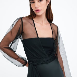 NEW Off White Mesh Cocktail Shrug, See Through Bolero, Mesh Shrug, Wrap Mesh Bolero, Puffed Sleeve Shrug, Verona Bolero, Marcella MC2288 Black 01-J