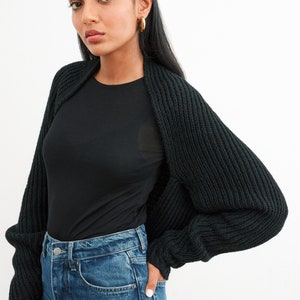 Black Knit Cardigan, Balloon Sleeve Sweater, Open Front Sweater, Oversized Cardigan Bolero, Vandam Knit Cardigan, Marcella - MC2145