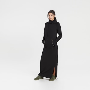 Black Sweatshirt Dress Maxi Dress, Long Hoodie, Hooded Winter Dress, Long Dress with Hood, Elba Sweatshirt Dress, Marcella - MD1656