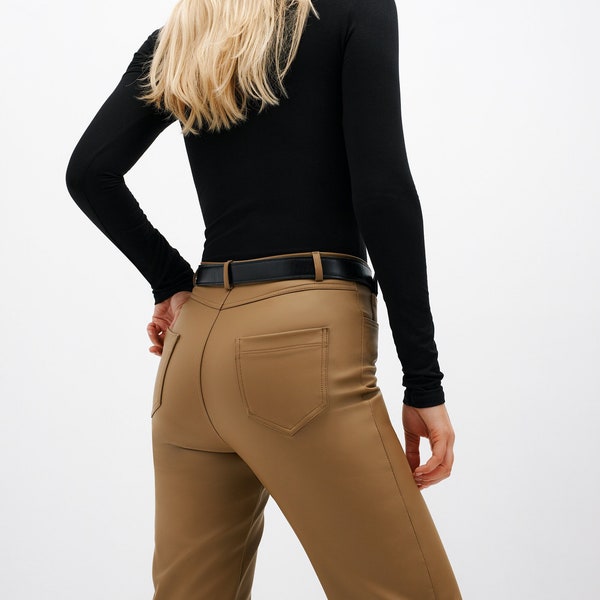 Straight Leg Faux Leather Pants, Stretchy Pants, Vegan Leather Pants, Tan Beige Leather Pants, Vinci Pants, Marcella - MP1786