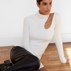 High-Neck Blouse, Asymmetrical Cut Out Blouse, Cut-Out Mock Neck Top, Long Sleeve Fitted Turtleneck Blouse, Allegra Top, Marcella - MB0863