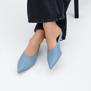 Sky Blue Leather Mules, Kitten Heel Mules, Closed Toe Pumps, Pointed Toe Heels, Italian Leather Shoes, Celeste Mules, Marcella MS2160 image 1