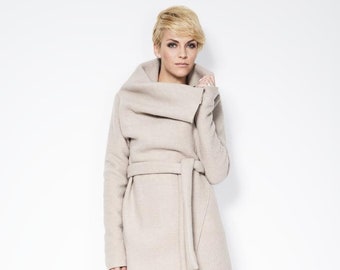 Designer Light Wool Jacket, Asymmetrical Wool Jacket, Trench Coat with Pockets, Sweater Jacket, Cadence Wool Coat, Marcella k - MC0017