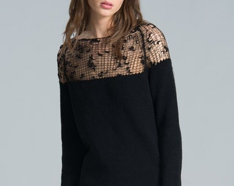 Women's Long Sleeve Lace Tunic Top - Casual Swing Blouse Dress (Black, XXL)
