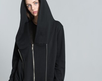 Black Coat with a Hoodie / Asymmetrical Sweater Hoody / | Etsy