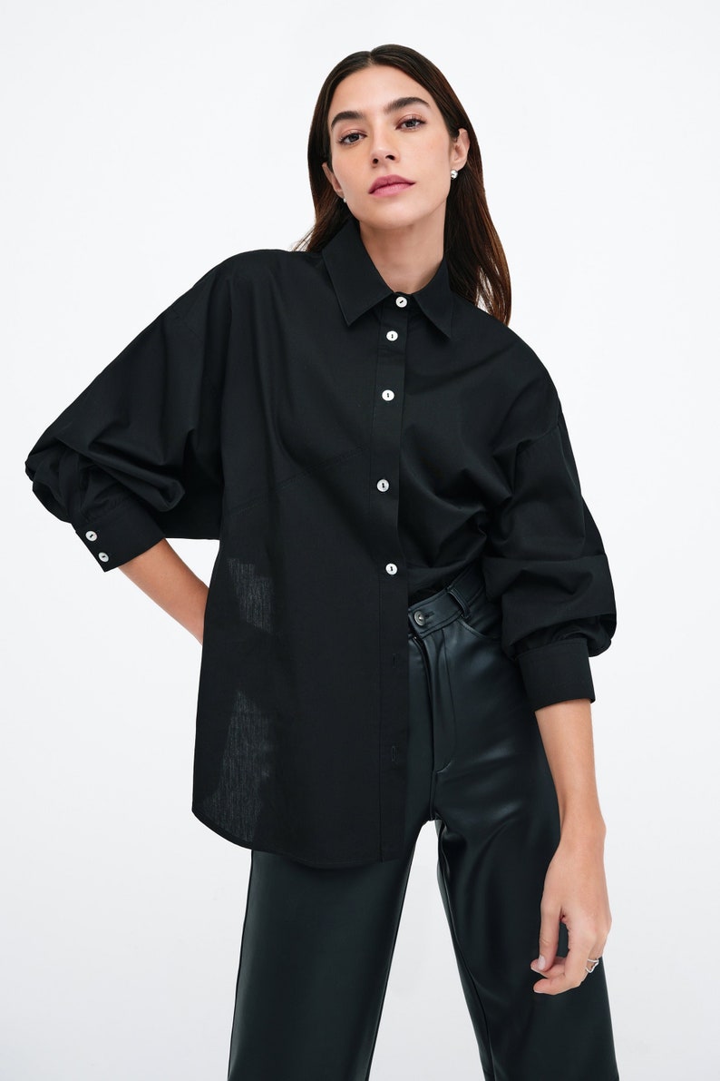 NEW White Oversized Button Up Shirt, Boyfriend Shirt, Collared Button Down Top, Cotton Shirt, Workwear, Ezra Shirt, Marcella MB2315 Black 01-H