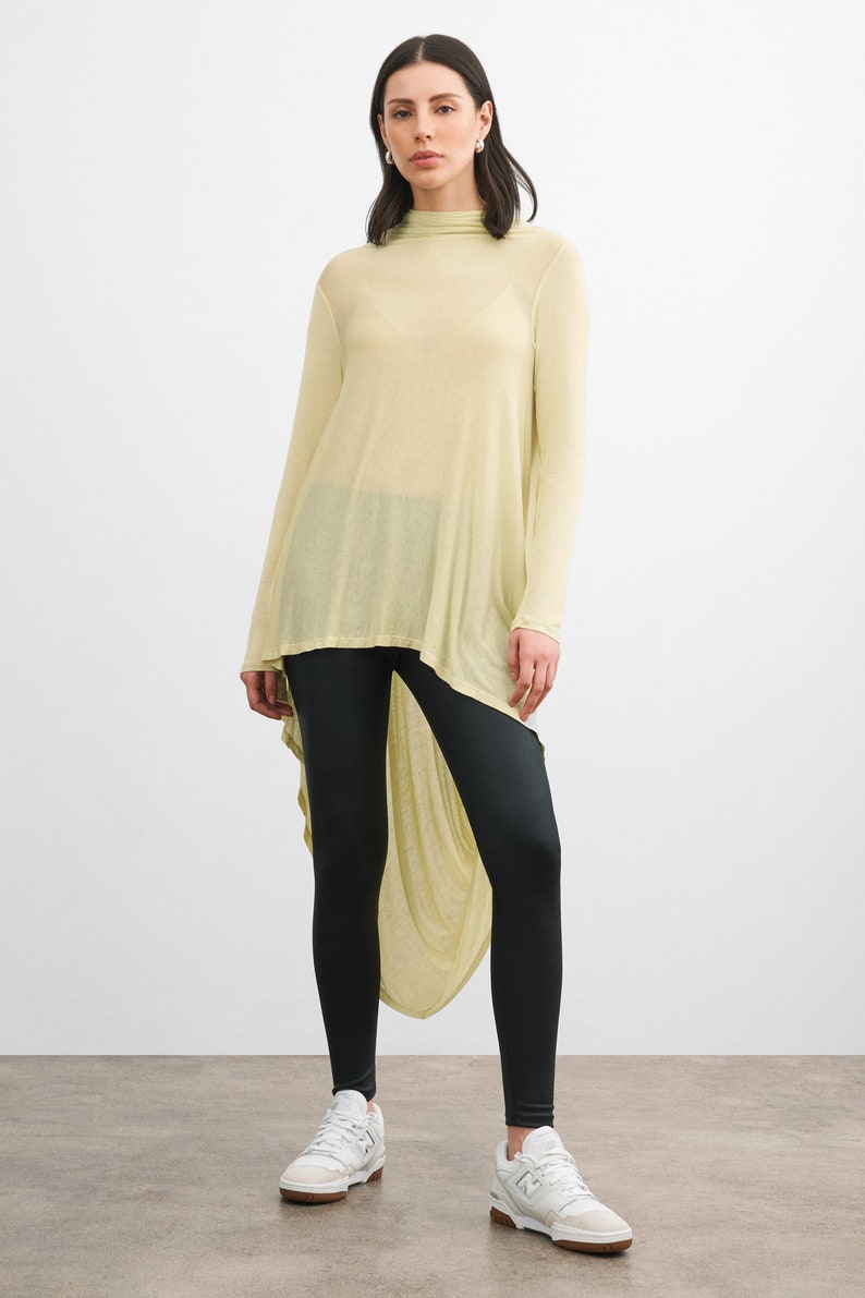 Long Draped Back Tunic, Casual Asymmetric Long Top, High Low Tunic, Short Front Long Back Tunic, Iris Tunic, Marcella MB0103 Pale Yellow 153-B