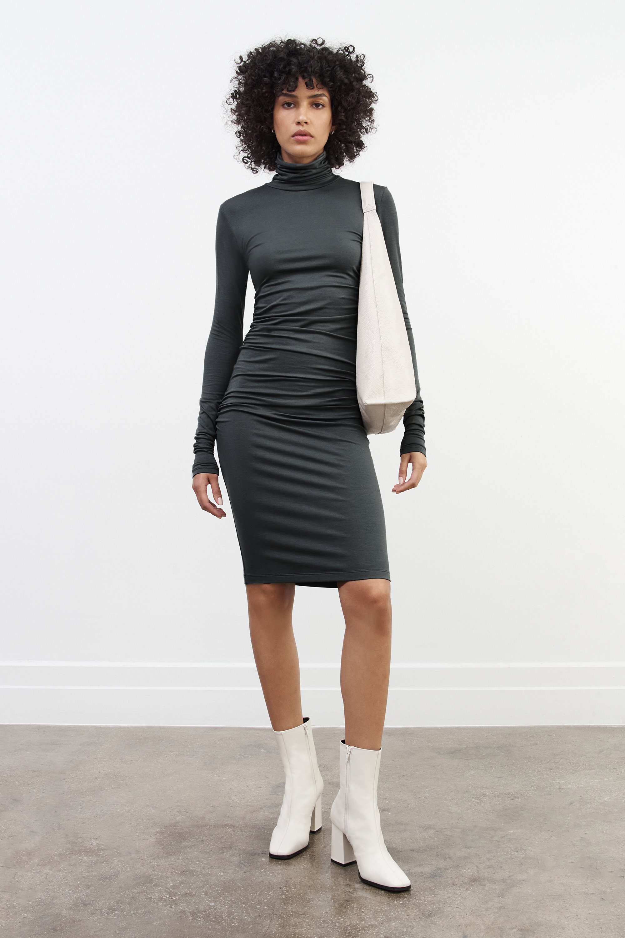 Fitted Midi Dress, Knee Length Dress, High Neck Pencil Dress Fitted Midi Dress, Knee Length Dress, High Neck Pencil Dress