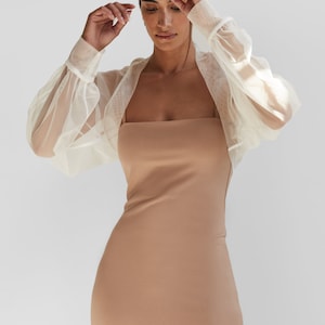 Brown Mesh Cocktail Shrug, See Through Bolero, Tan Puff Sleeve Mesh Shrug, Wedding Tulle Bolero, Olympia Bolero, Marcella MC1489 Off White 03-J