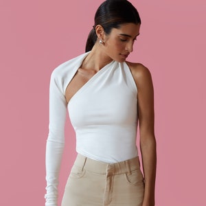 One Shoulder Top, Asymmetrical One Sleeve Top, Open Back Wrap Top, One Shoulder Blouse, Manhattan One Shoulder Top, Marcella MB0001 Off White 03-C