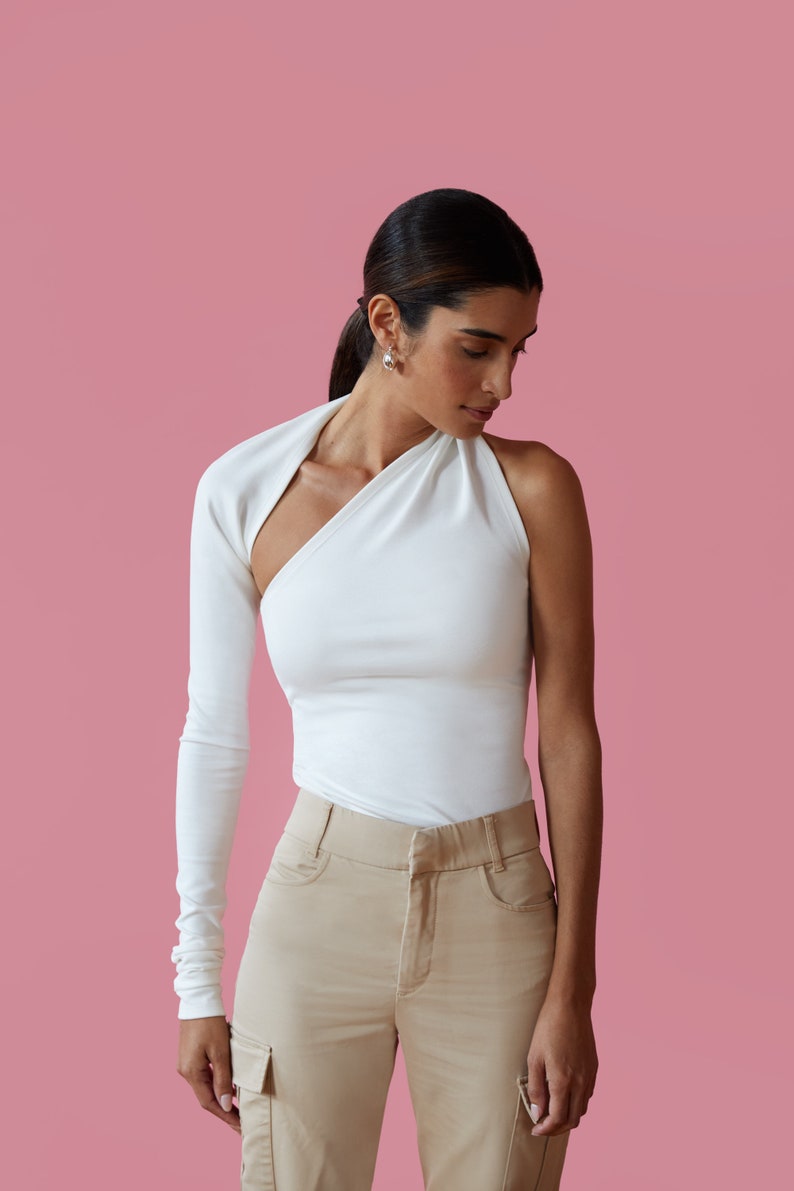 One Shoulder Top, Asymmetrical One Sleeve Top, Open Back Wrap Top, One Shoulder Blouse, Manhattan One Shoulder Top, Marcella MB0001 Off White 03-C