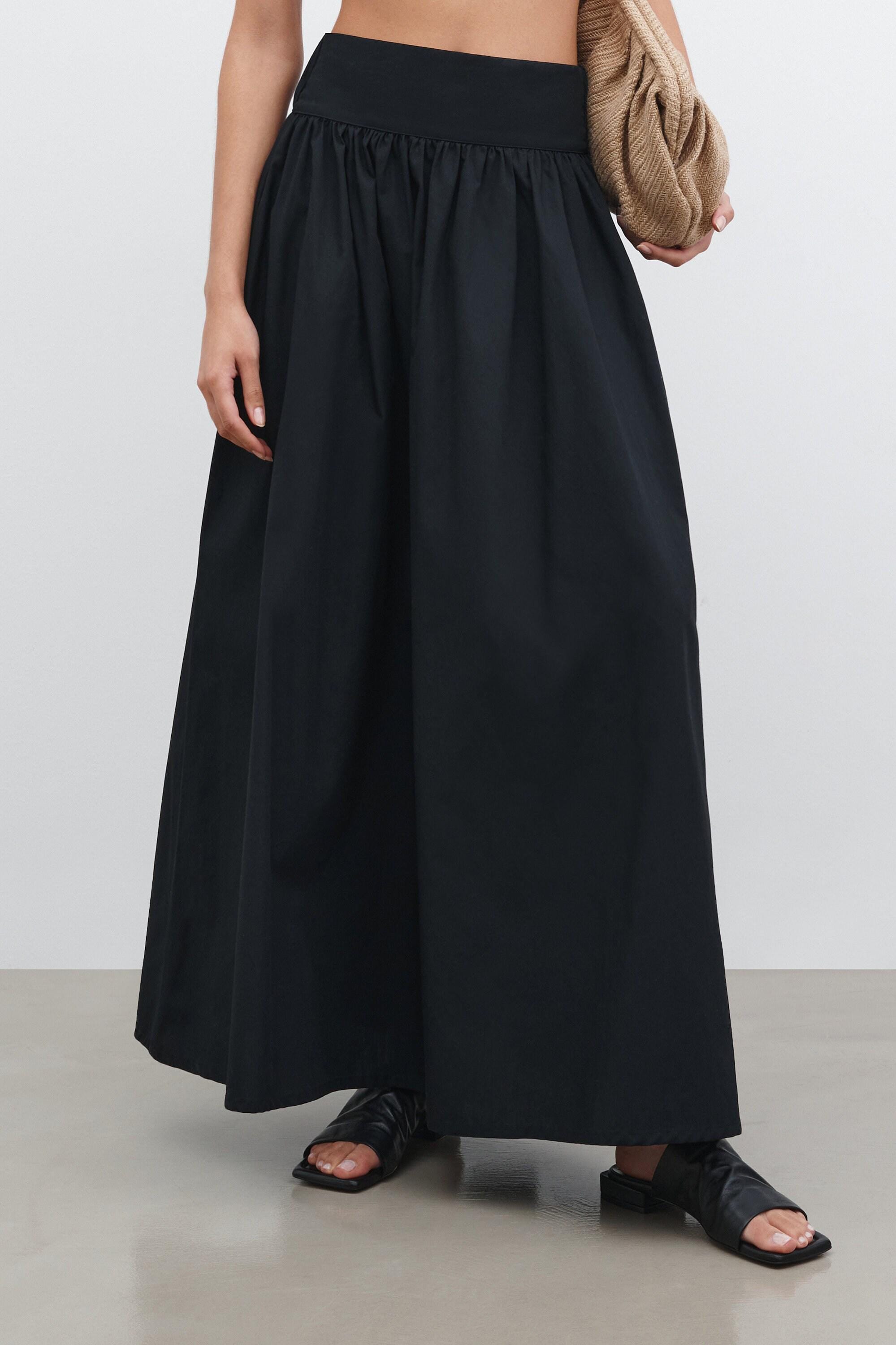 Long Cotton Skirt, Black A-line Skirt, Maxi Skirt, Pleated