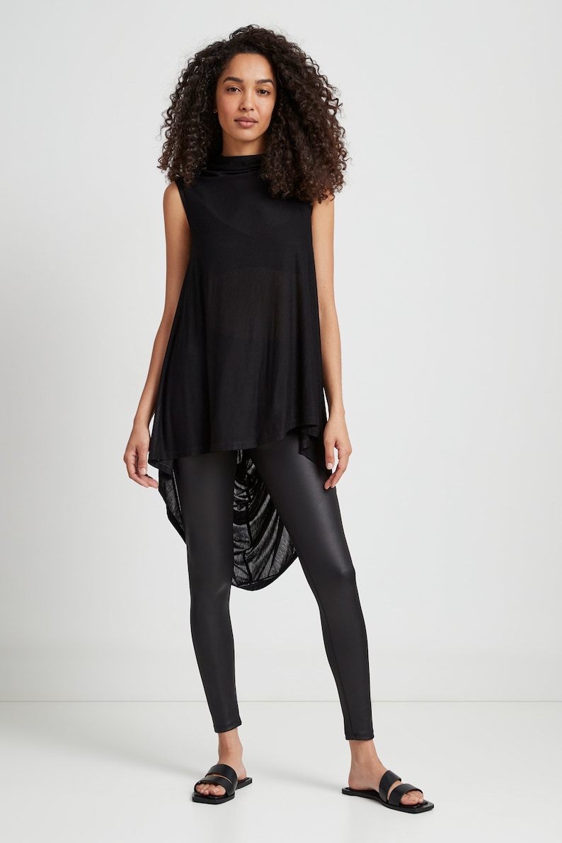 Sheer Asymmetric Hem Tunic, See Through Tunic Top, Casual Sleeveless Long Top, Draped High Low Tunic, Ines Tunic, Marcella MB1838 Black 01-B