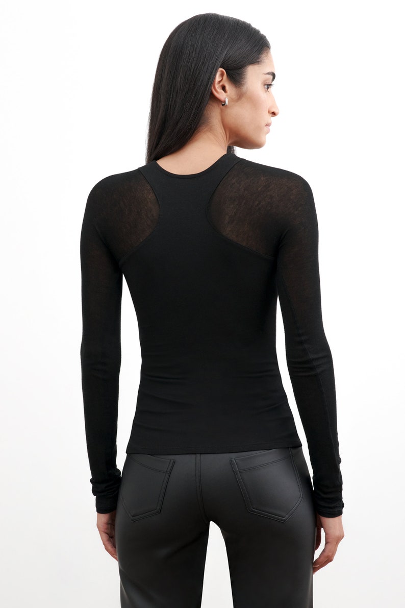 Sheer Black Cut Out Top, Long Sleeve Top, Geometric Cutout Top, Sheer Paneled Top, Fitted Top, Yada Top, Marcella MB2113 image 4