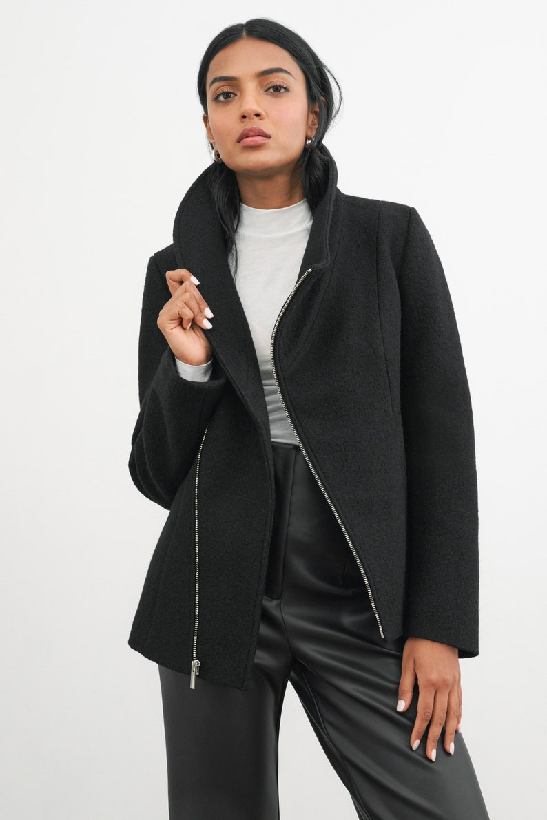 Grey Wool Jacket, Wool Coat, High Collar Jacket, Winter Coat, Wool Jacket, Asymmetric Zip Up Coat, Essex Coat, Marcella MC2117 image 6