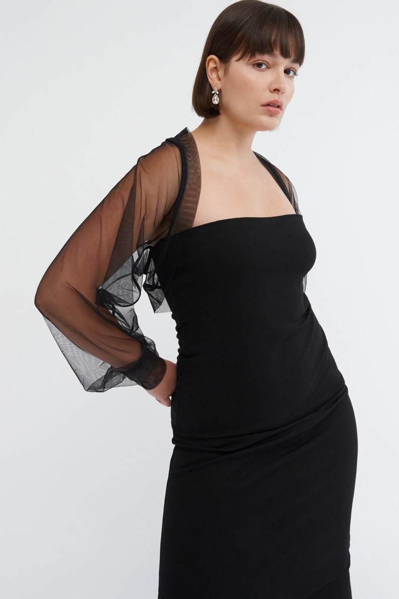 Rosa Mesh Cocktail Shrug, Durchsichtig Bolero, Rosa Puffärmel Mesh Shrug, Hochzeit Tüll Bolero, Olympia Bolero, Marcella MC1489 Black 01-J