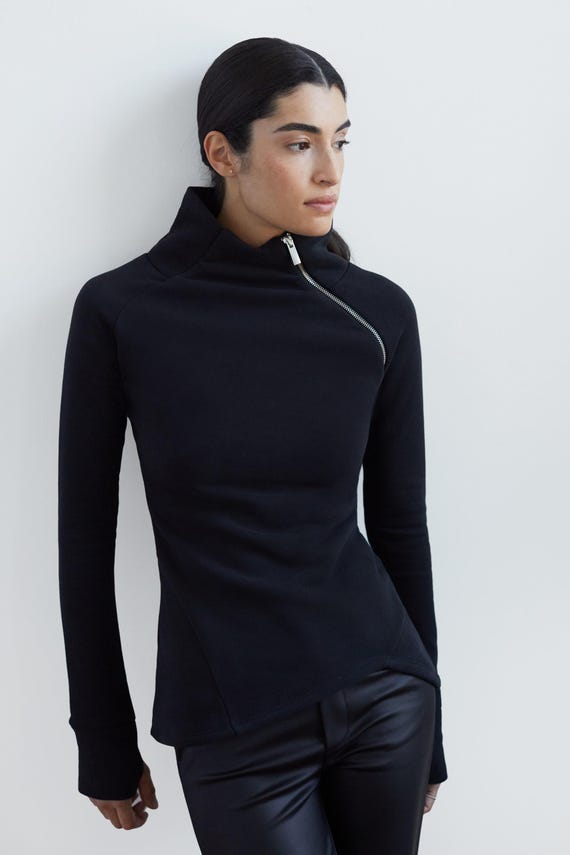 Zip up Sweatshirt, Black Quarter Zip Top, Zipper Sweatshirt