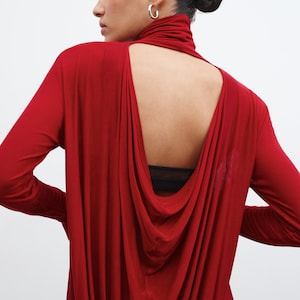 Sheer Red Asymmetric Tunic, Long Sleeve Tunic Top, Cutout Long Top, Turtleneck Tunic, Draped High Low Tunic, Halle Tunic, Marcella MB2027 image 2