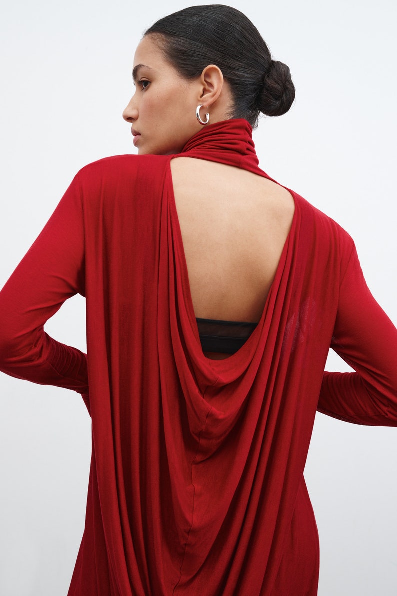 Sheer Red Asymmetric Tunic, Long Sleeve Tunic Top, Cutout Long Top, Turtleneck Tunic, Draped High Low Tunic, Halle Tunic, Marcella MB2027 image 2