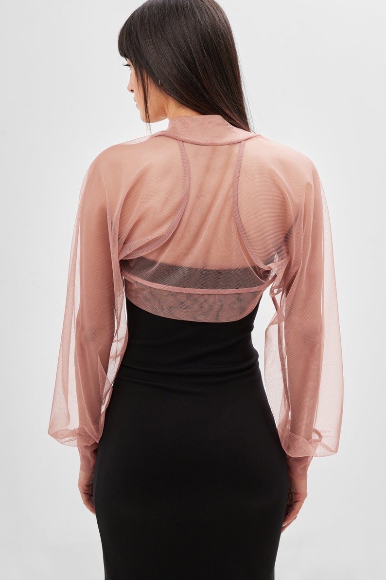 Rosa Mesh Cocktail Shrug, Durchsichtig Bolero, Rosa Puffärmel Mesh Shrug, Hochzeit Tüll Bolero, Olympia Bolero, Marcella MC1489 Bild 2