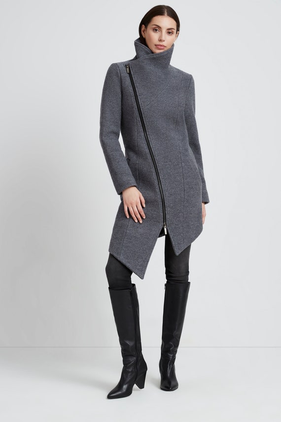 Asymmetrical Jacket, Wool Coat, High Collar Coat, Winter Coat With