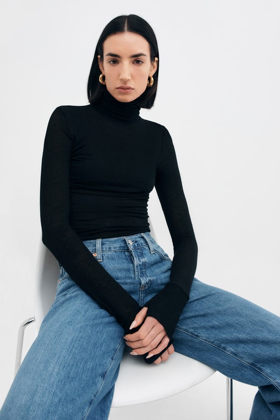 Fitted Turtleneck Top With Thumbholes, High Neck Top, Long Sleeve Top,  Fitted Long Sleeve Tee, Eloise Turtleneck Top, Marcella MB1735 