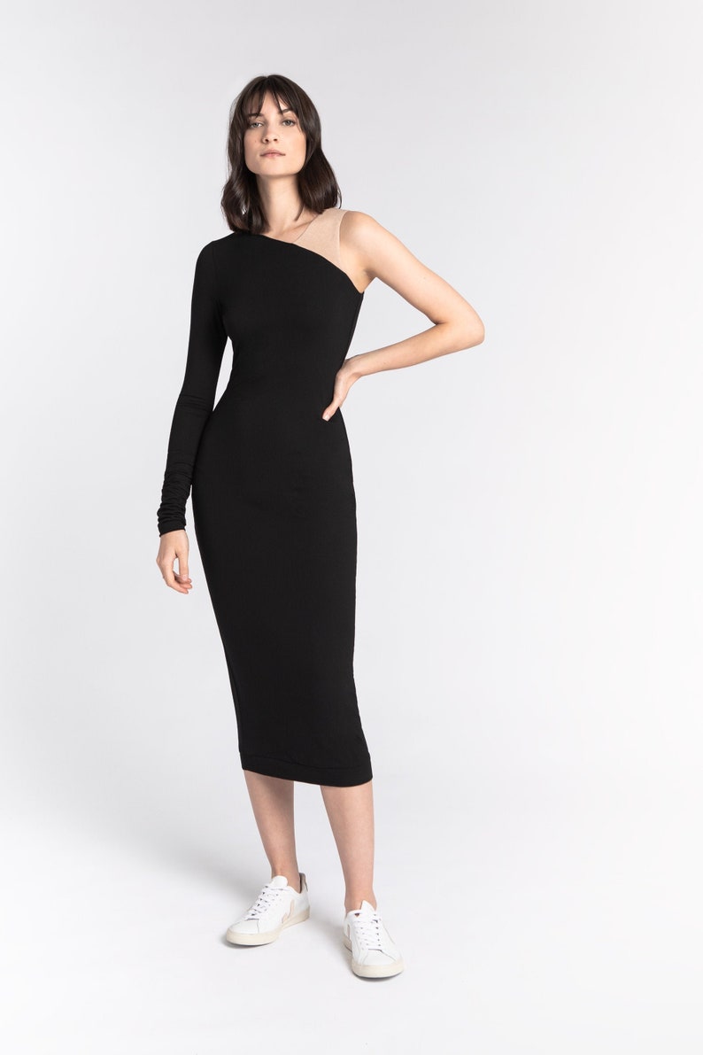 Cold Shoulder Black and Beige Dress Asymmetric Midi Dress One Sleeve Dress One Shoulder Dress MD1435 Leyla Dress Marcellamoda