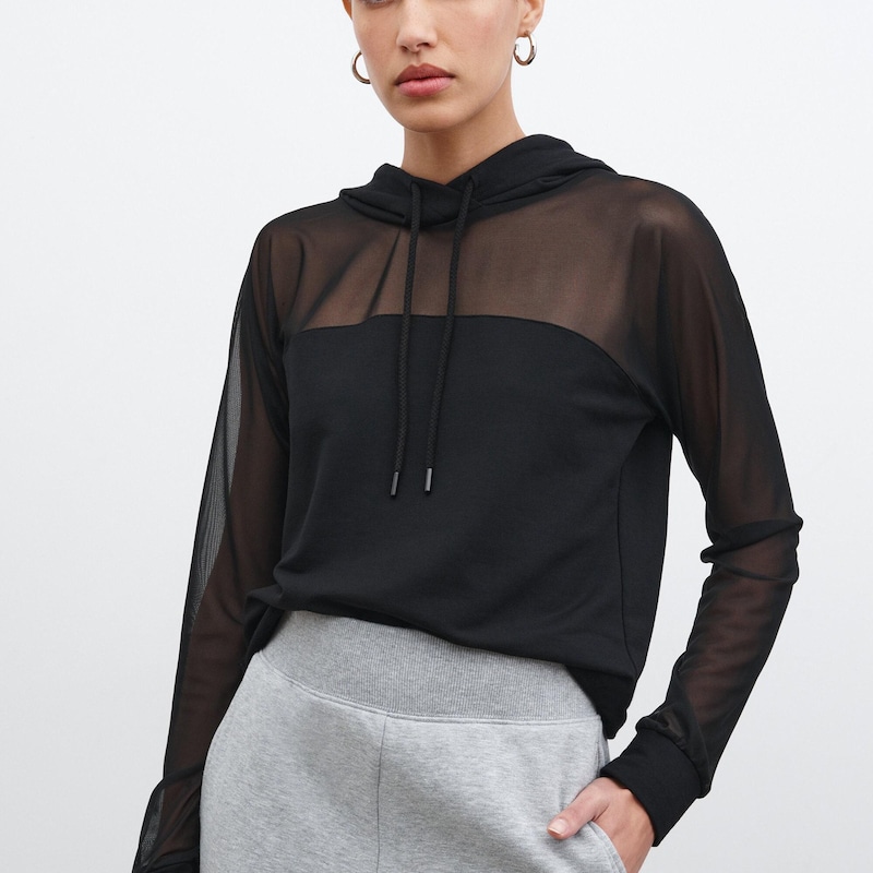 Sheer Mesh Panel Long Sleeve Hoodie